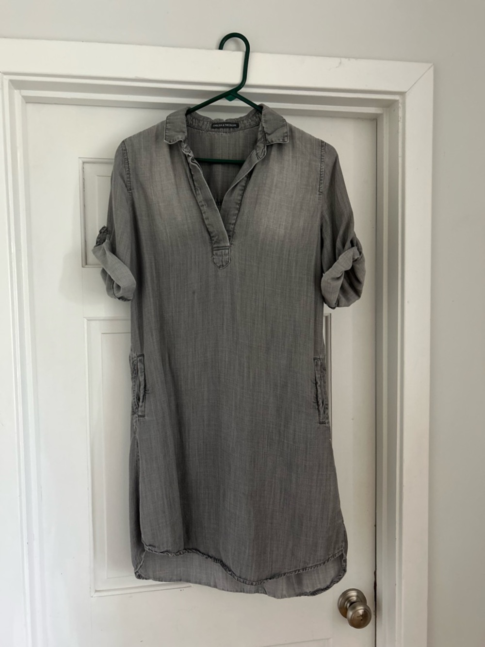 Chelsea & Theodore Grey Roll-Sleeve Mini Dress